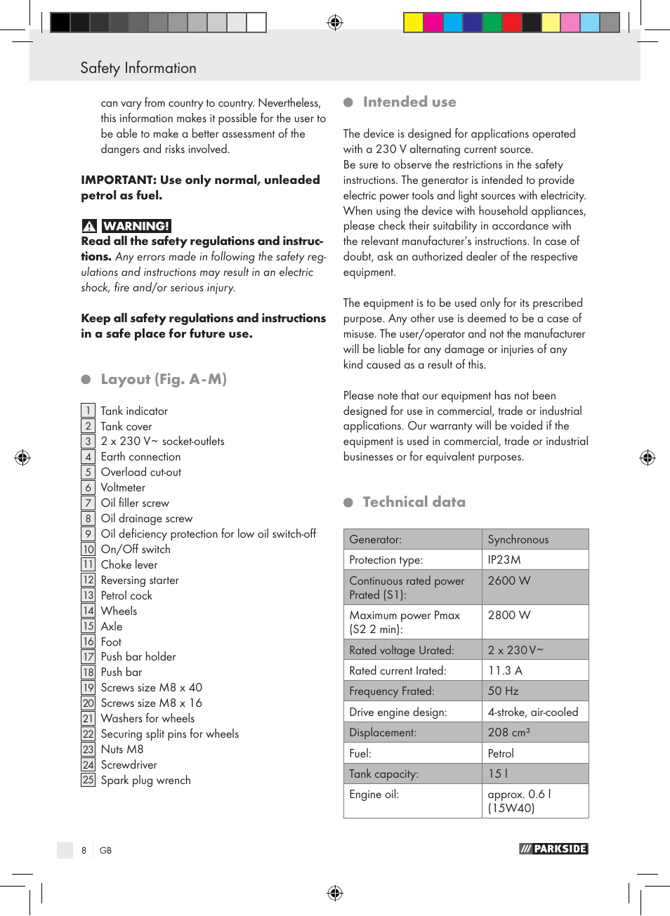 Safety information, Layout (fig. a - m), Intended use | Technical data | Parkside PSE 2800 B2 User Manual | Page 8 / 65