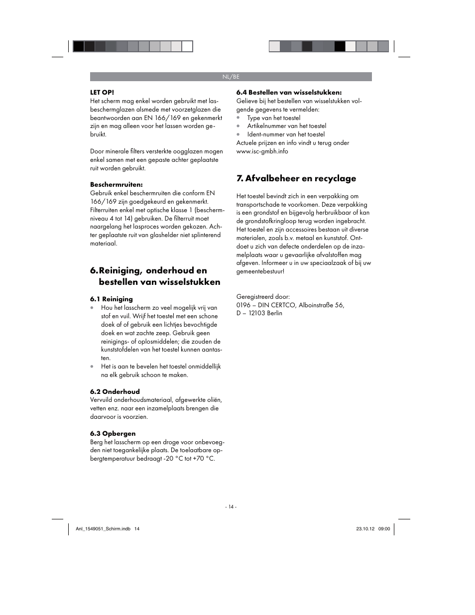 Afvalbeheer en recyclage | Parkside Welding Screen User Manual | Page 14 / 28