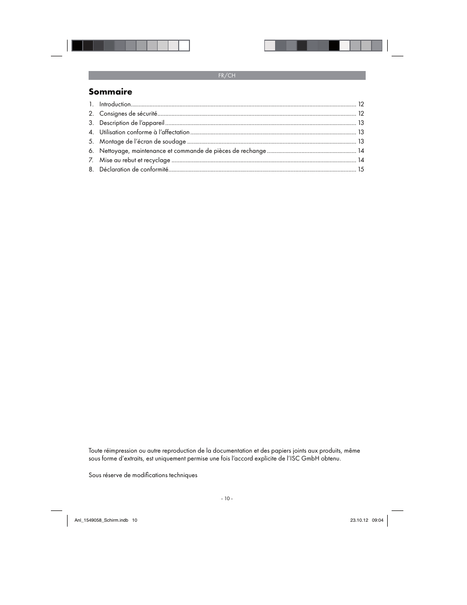 Sommaire | Parkside Welding Screen User Manual | Page 10 / 28