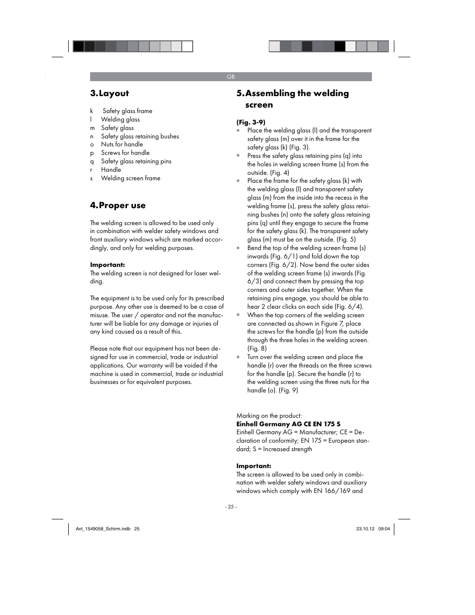 Layout, Proper use, Assembling the welding screen | Parkside Welding Screen User Manual | Page 25 / 28