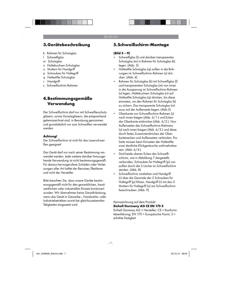 Gerätebeschreibung, Bestimmungsgemäße verwendung, Schweißschirm-montage | Parkside Welding Screen User Manual | Page 7 / 28