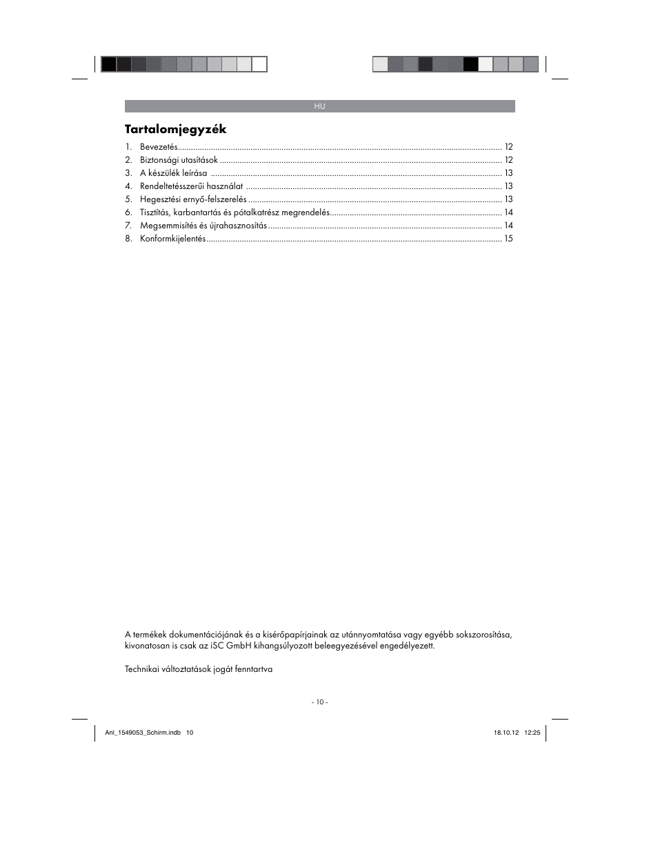 Tartalomjegyzék | Parkside Welding Screen User Manual | Page 10 / 48