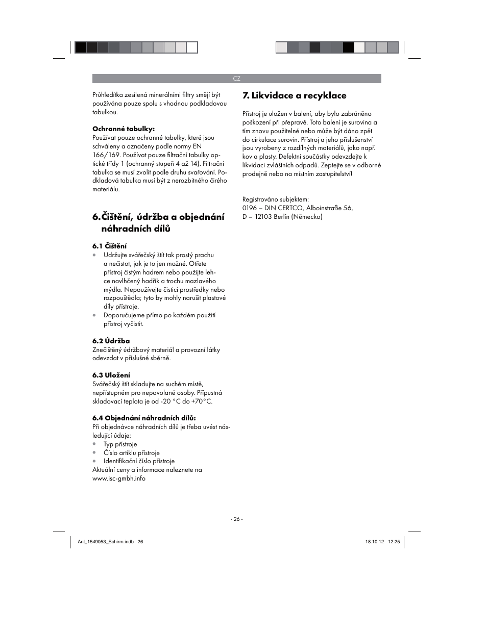 Čištění, údržba a objednání náhradních dílů, Likvidace a recyklace | Parkside Welding Screen User Manual | Page 26 / 48