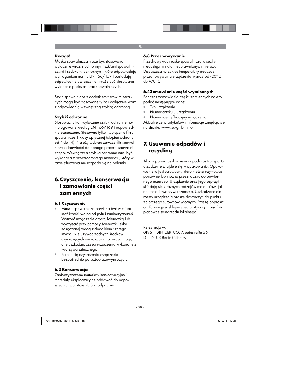 Usuwanie odpadów i recycling | Parkside Welding Screen User Manual | Page 38 / 48