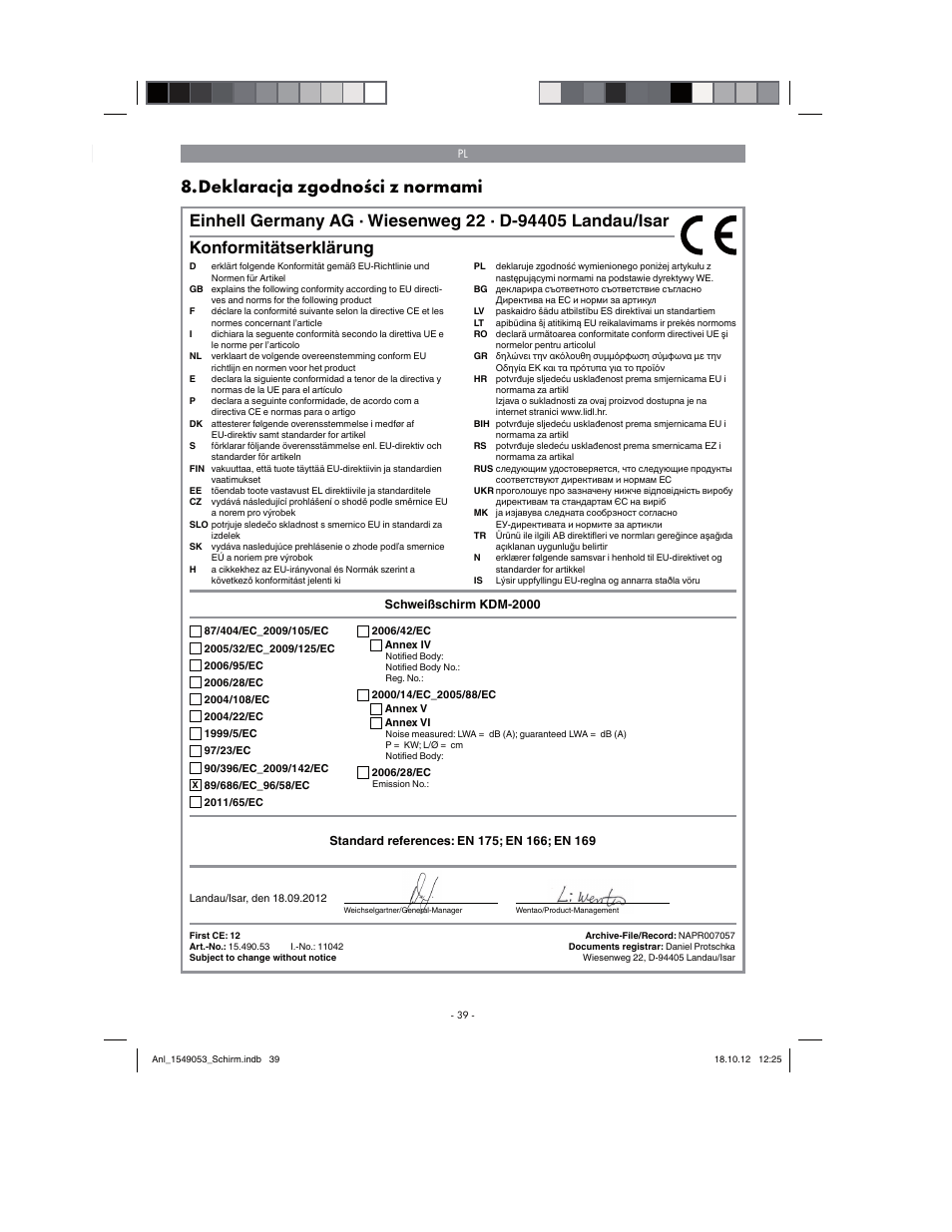 Deklaracja zgodności z normami, Konformitätserklärung | Parkside Welding Screen User Manual | Page 39 / 48