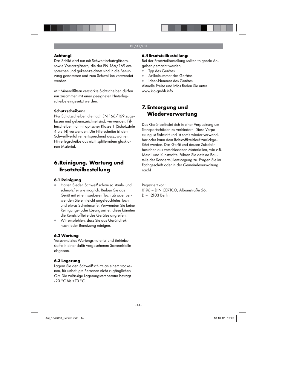 Reinigung, wartung und ersatzteilbestellung, Entsorgung und wiederverwertung | Parkside Welding Screen User Manual | Page 44 / 48