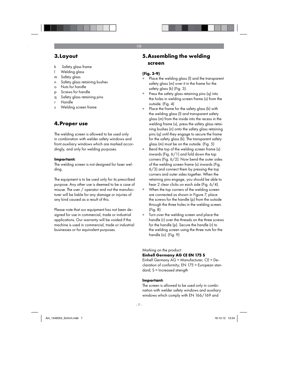 Layout, Proper use, Assembling the welding screen | Parkside Welding Screen User Manual | Page 7 / 48