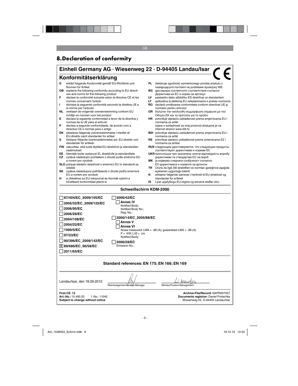 Declaration of conformity, Konformitätserklärung | Parkside Welding Screen User Manual | Page 9 / 48