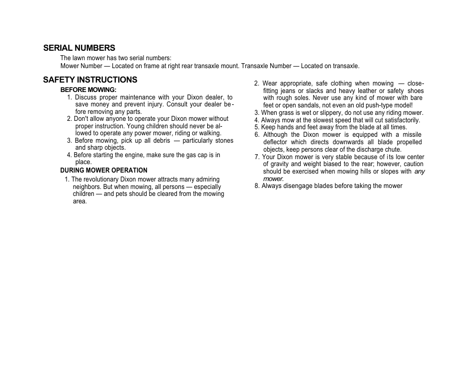 Serial numbers, Safety instructions | Dixon ZTR421 User Manual | Page 4 / 16