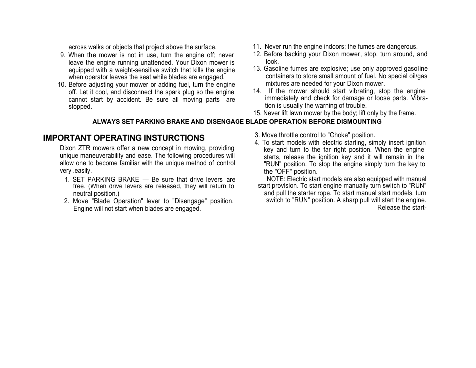 Important operating insturctions | Dixon ZTR421 User Manual | Page 5 / 16