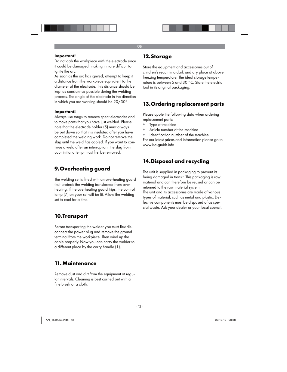 Overheating guard, Transport, Maintenance | Storage, Ordering replacement parts, Disposal and recycling | Parkside PESG 120 A1 User Manual | Page 12 / 94