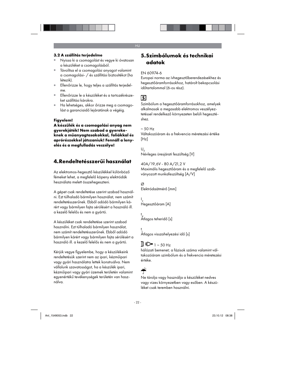 Rendeltetésszerűi használat, Szimbólumok és technikai adatok | Parkside PESG 120 A1 User Manual | Page 22 / 94