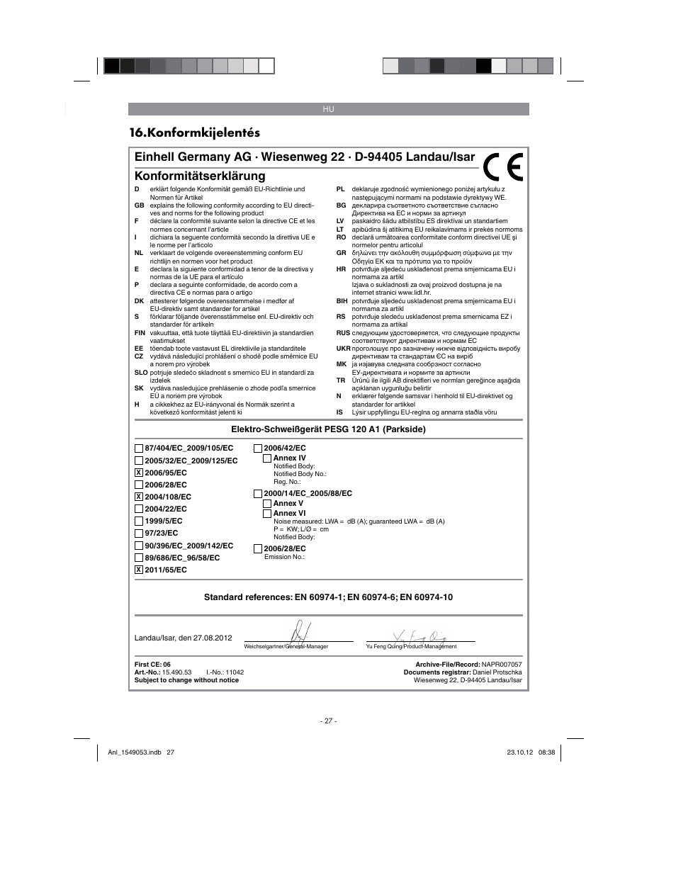 Konformkijelentés, Konformitätserklärung | Parkside PESG 120 A1 User Manual | Page 27 / 94