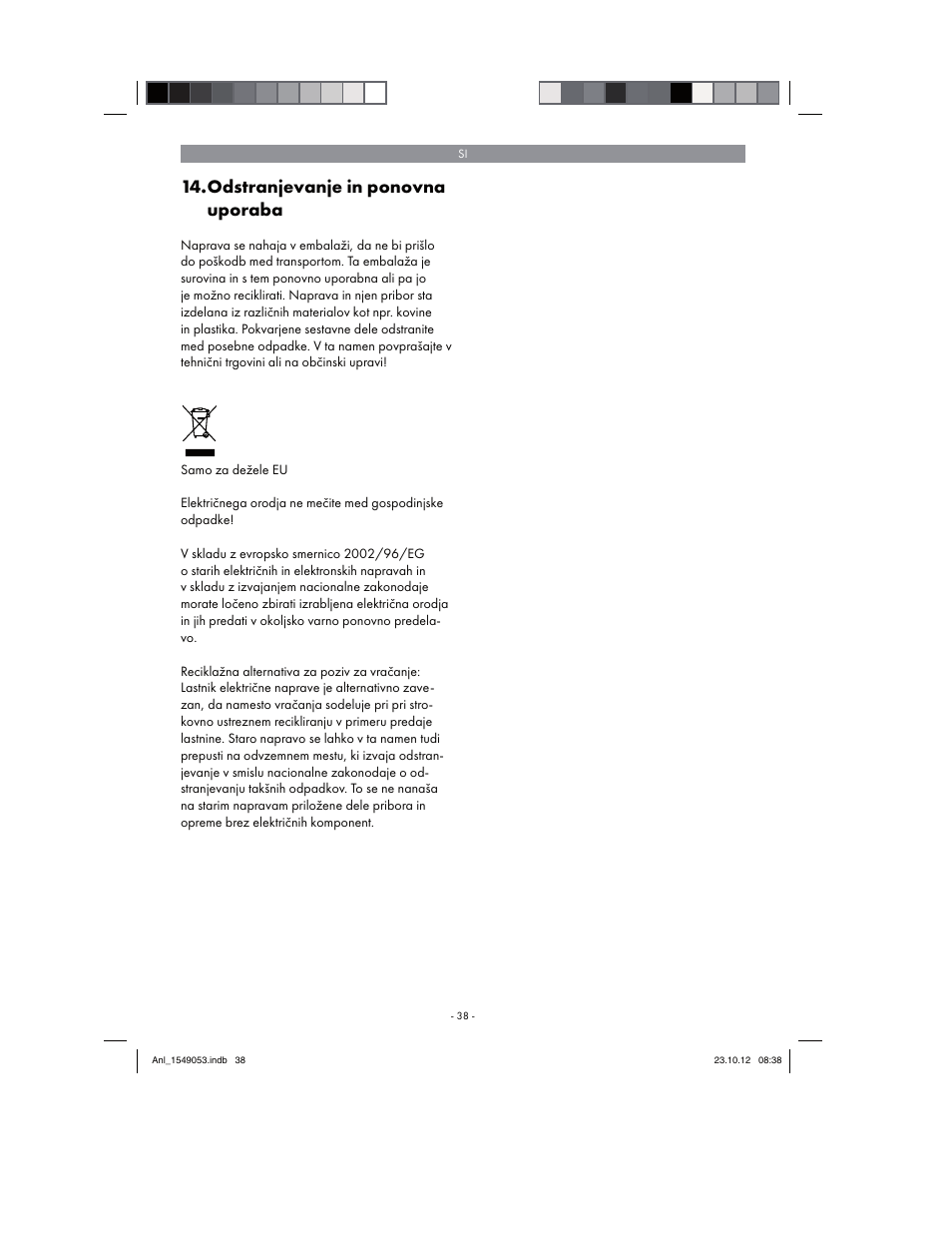 Odstranjevanje in ponovna uporaba | Parkside PESG 120 A1 User Manual | Page 38 / 94