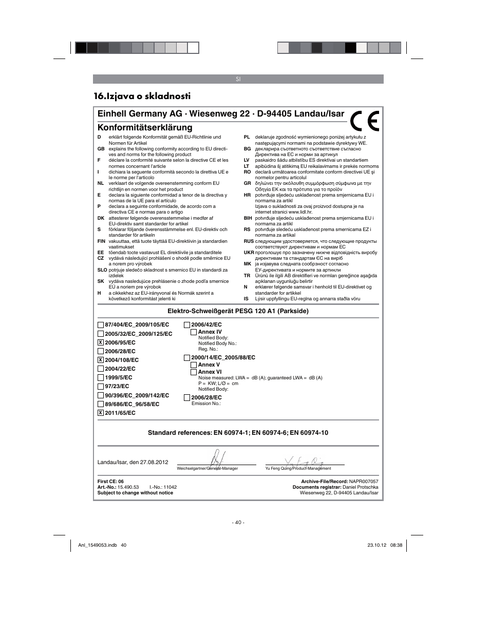 Izjava o skladnosti, Konformitätserklärung | Parkside PESG 120 A1 User Manual | Page 40 / 94