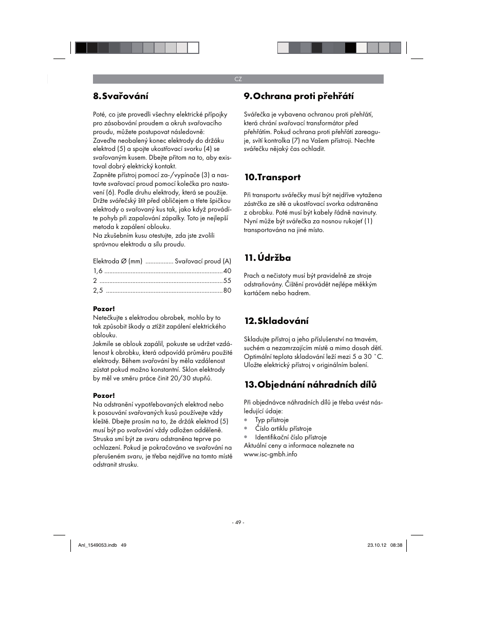 Svařování, Ochrana proti přehřátí, Transport | Údržba, Skladování, Objednání náhradních dílů | Parkside PESG 120 A1 User Manual | Page 49 / 94