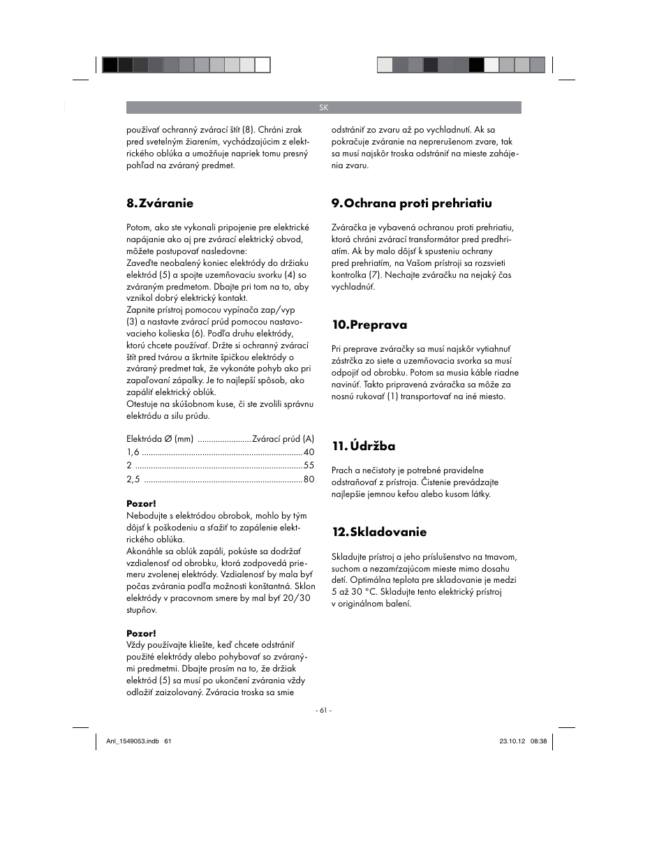 Zváranie, Ochrana proti prehriatiu, Preprava | Údržba, Skladovanie | Parkside PESG 120 A1 User Manual | Page 61 / 94