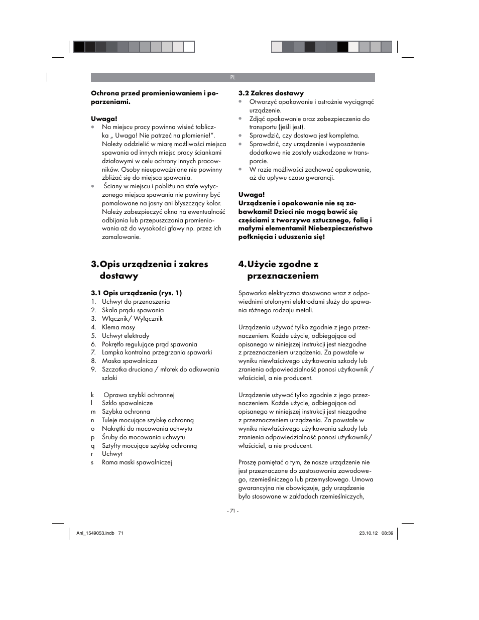 Opis urządzenia i zakres dostawy, Użycie zgodne z przeznaczeniem | Parkside PESG 120 A1 User Manual | Page 71 / 94