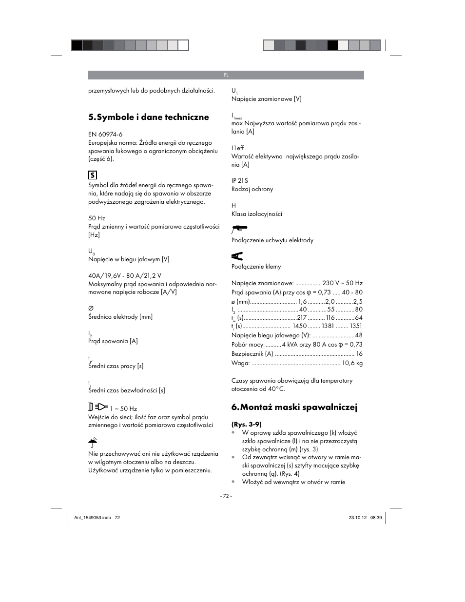 Symbole i dane techniczne, Montaż maski spawalniczej | Parkside PESG 120 A1 User Manual | Page 72 / 94