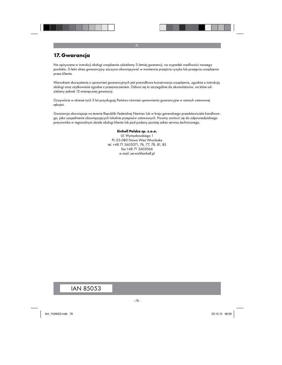 Gwarancja | Parkside PESG 120 A1 User Manual | Page 78 / 94