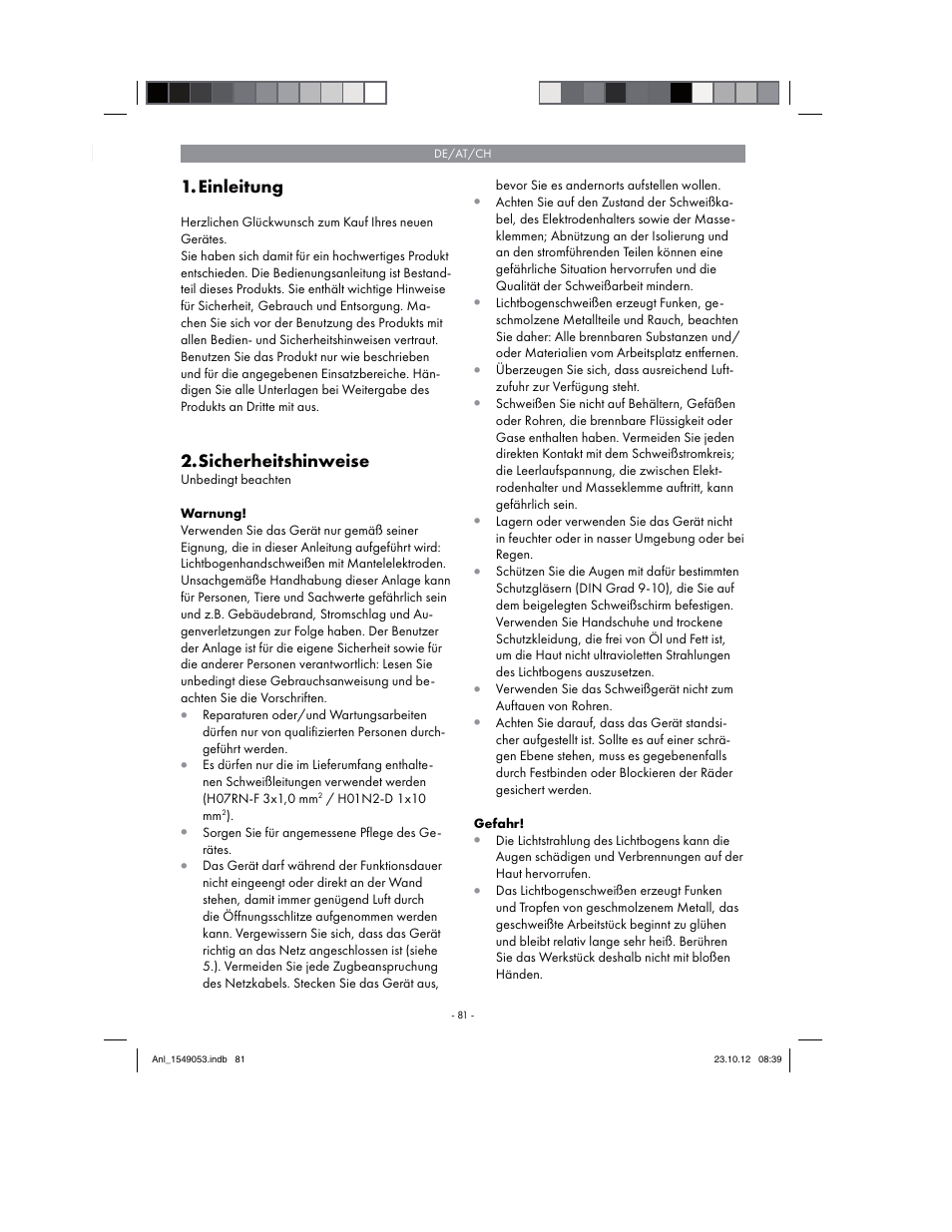 Einleitung, Sicherheitshinweise | Parkside PESG 120 A1 User Manual | Page 81 / 94