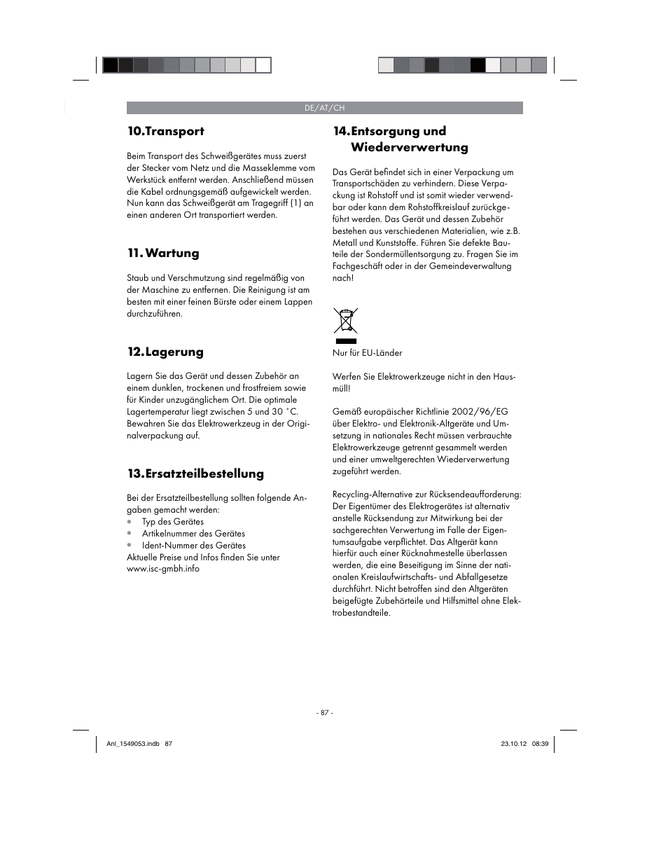 Transport, Wartung, Lagerung | Ersatzteilbestellung, Entsorgung und wiederverwertung | Parkside PESG 120 A1 User Manual | Page 87 / 94