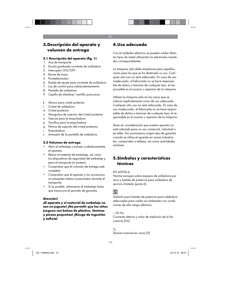 Descripción del aparato y volumen de entrega, Uso adecuado, Símbolos y características técnicas | Parkside PESG 120 A1 User Manual | Page 10 / 66