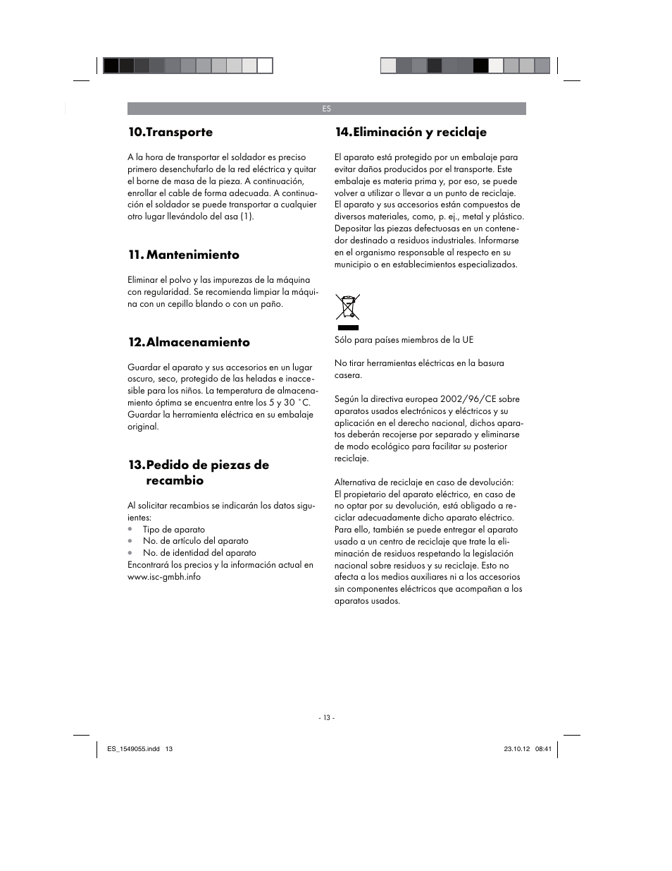 Transporte, Mantenimiento, Almacenamiento | Pedido de piezas de recambio, Eliminación y reciclaje | Parkside PESG 120 A1 User Manual | Page 13 / 66