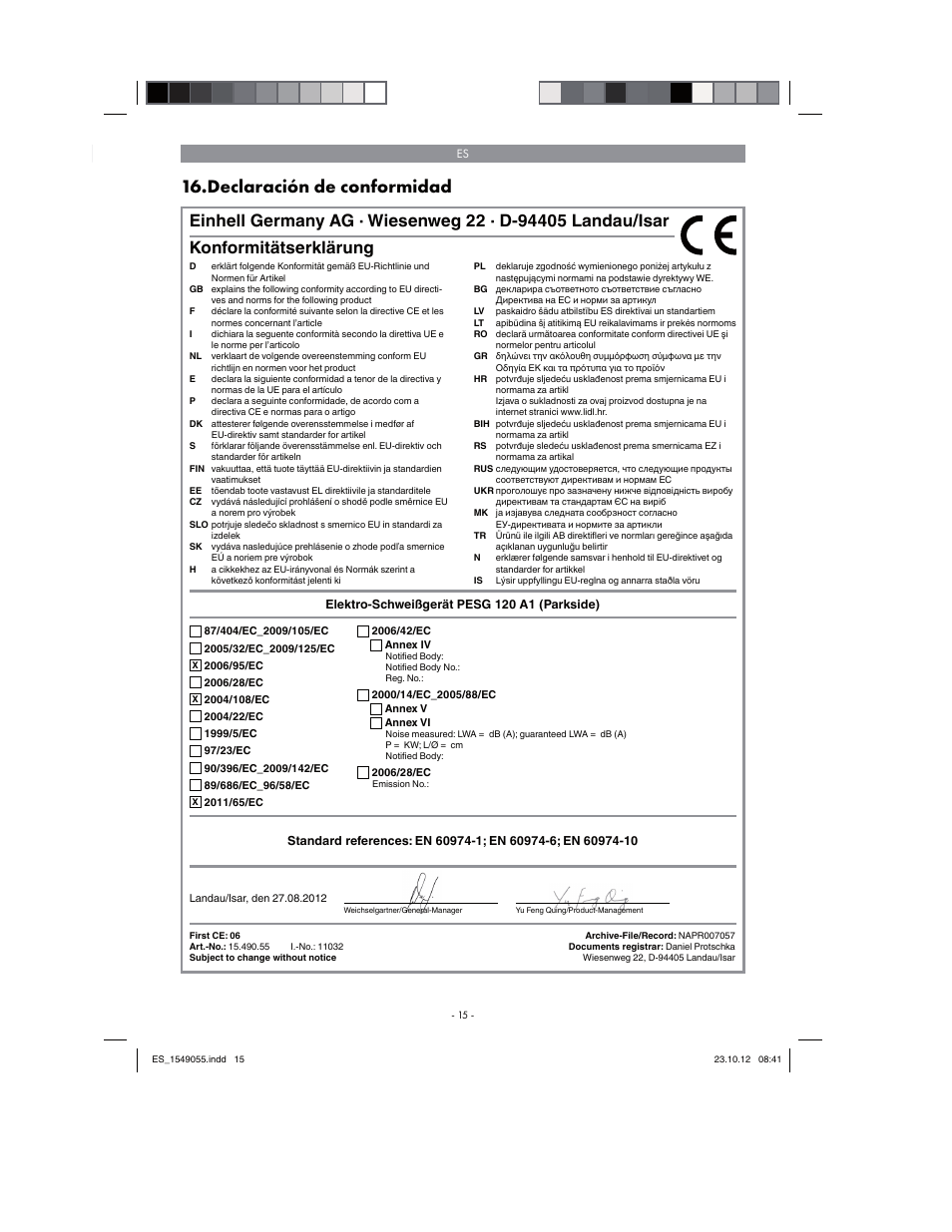 Declaración de conformidad, Konformitätserklärung | Parkside PESG 120 A1 User Manual | Page 15 / 66