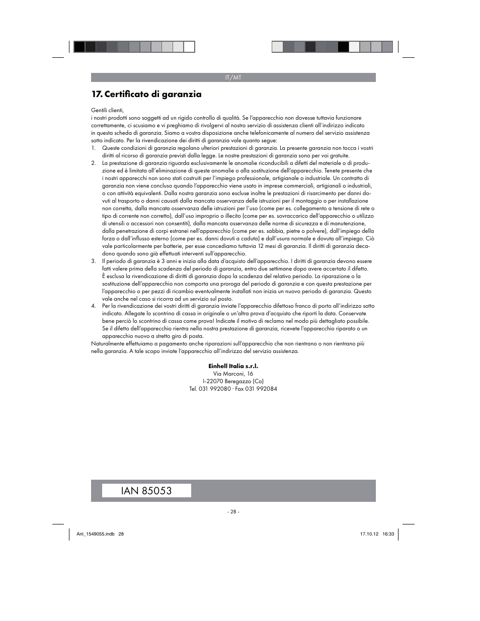 Certiﬁ cato di garanzia | Parkside PESG 120 A1 User Manual | Page 28 / 66
