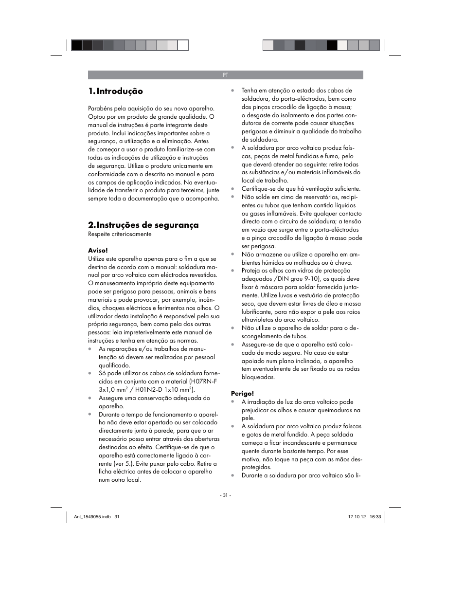Introdução, Instruções de segurança | Parkside PESG 120 A1 User Manual | Page 31 / 66