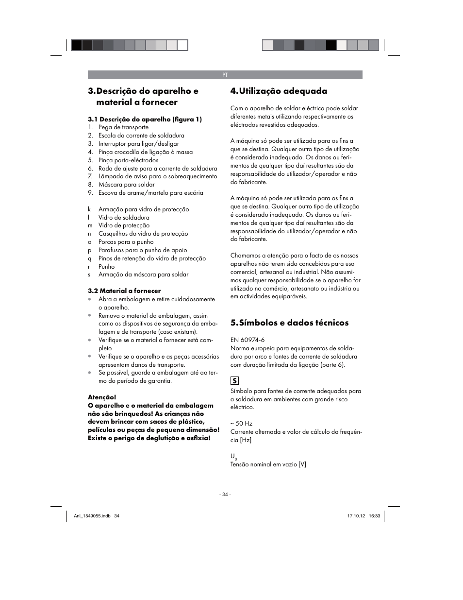 Descrição do aparelho e material a fornecer, Utilização adequada, Símbolos e dados técnicos | Parkside PESG 120 A1 User Manual | Page 34 / 66