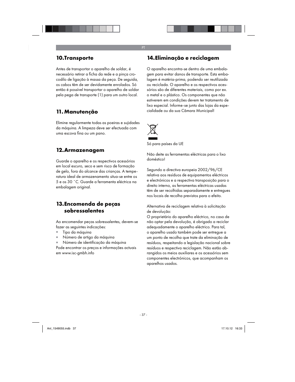 Transporte, Manutenção, Armazenagem | Encomenda de peças sobressalentes, Eliminação e reciclagem | Parkside PESG 120 A1 User Manual | Page 37 / 66