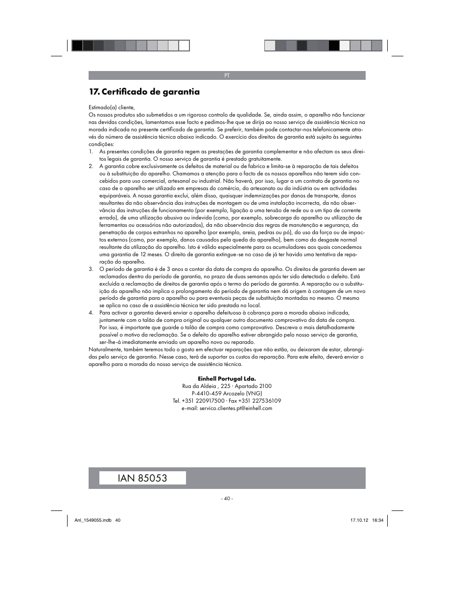 Certiﬁ cado de garantia | Parkside PESG 120 A1 User Manual | Page 40 / 66