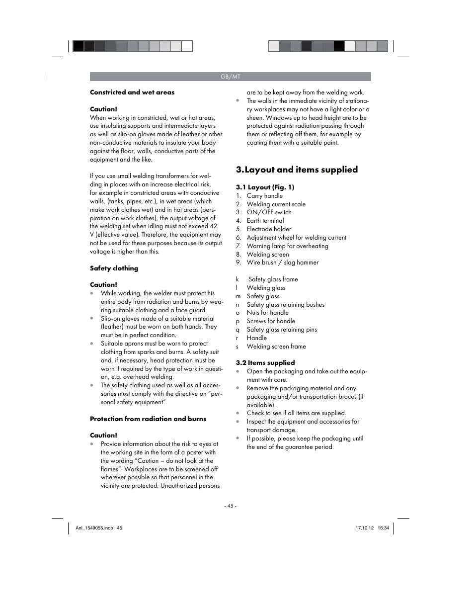 Layout and items supplied | Parkside PESG 120 A1 User Manual | Page 45 / 66