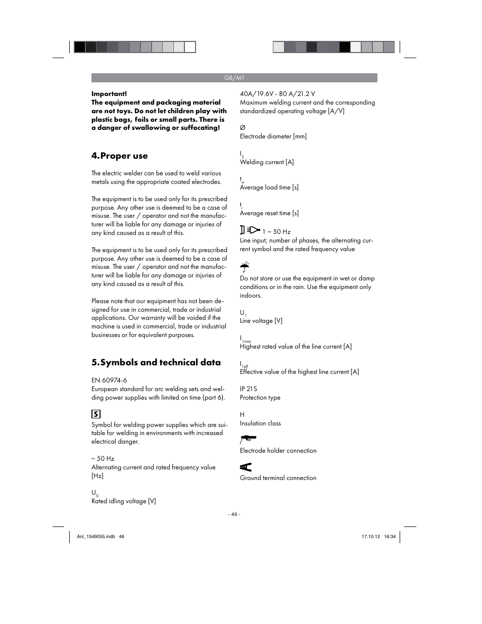 Proper use, Symbols and technical data | Parkside PESG 120 A1 User Manual | Page 46 / 66