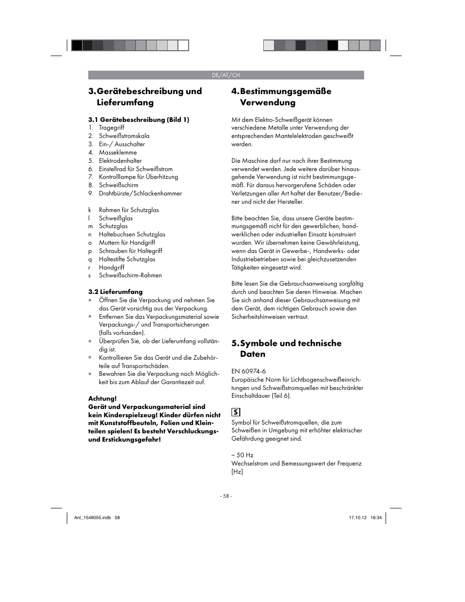 Gerätebeschreibung und lieferumfang, Bestimmungsgemäße verwendung, Symbole und technische daten | Parkside PESG 120 A1 User Manual | Page 58 / 66