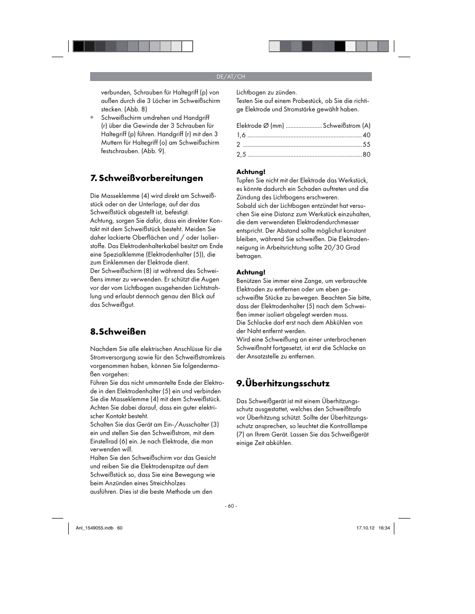 Schweißvorbereitungen, Schweißen, Überhitzungsschutz | Parkside PESG 120 A1 User Manual | Page 60 / 66