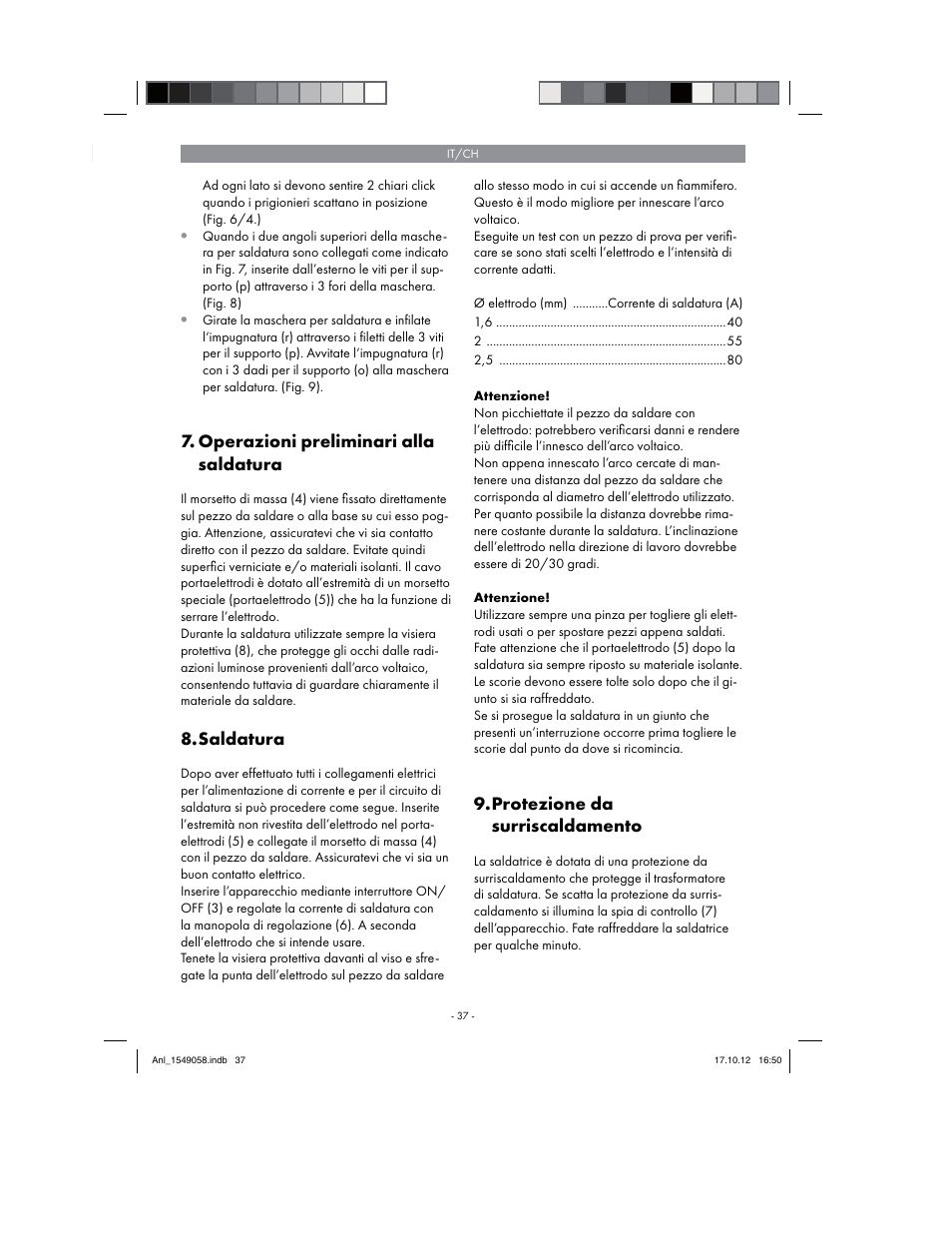 Operazioni preliminari alla saldatura, Saldatura, Protezione da surriscaldamento | Parkside PESG 120 A1 User Manual | Page 37 / 58