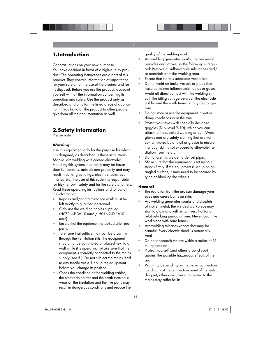 Introduction, Safety information | Parkside PESG 120 A1 User Manual | Page 44 / 58