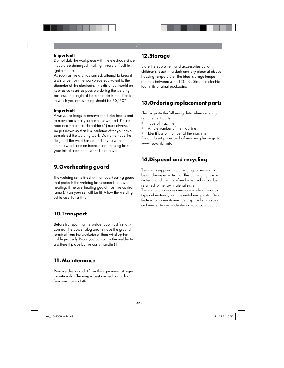 Overheating guard, Transport, Maintenance | Storage, Ordering replacement parts, Disposal and recycling | Parkside PESG 120 A1 User Manual | Page 49 / 58