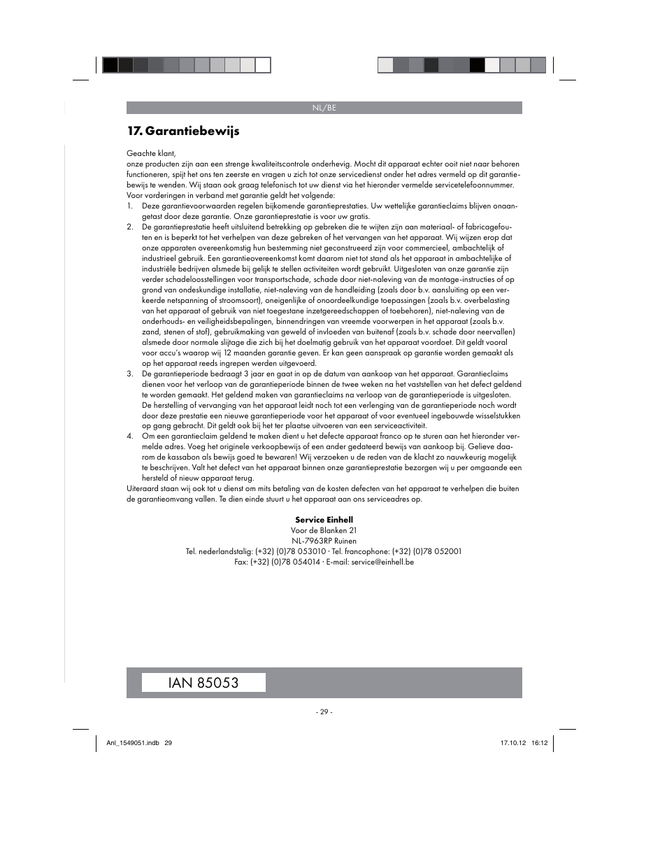 Garantiebewijs | Parkside PESG 120 A1 User Manual | Page 29 / 58