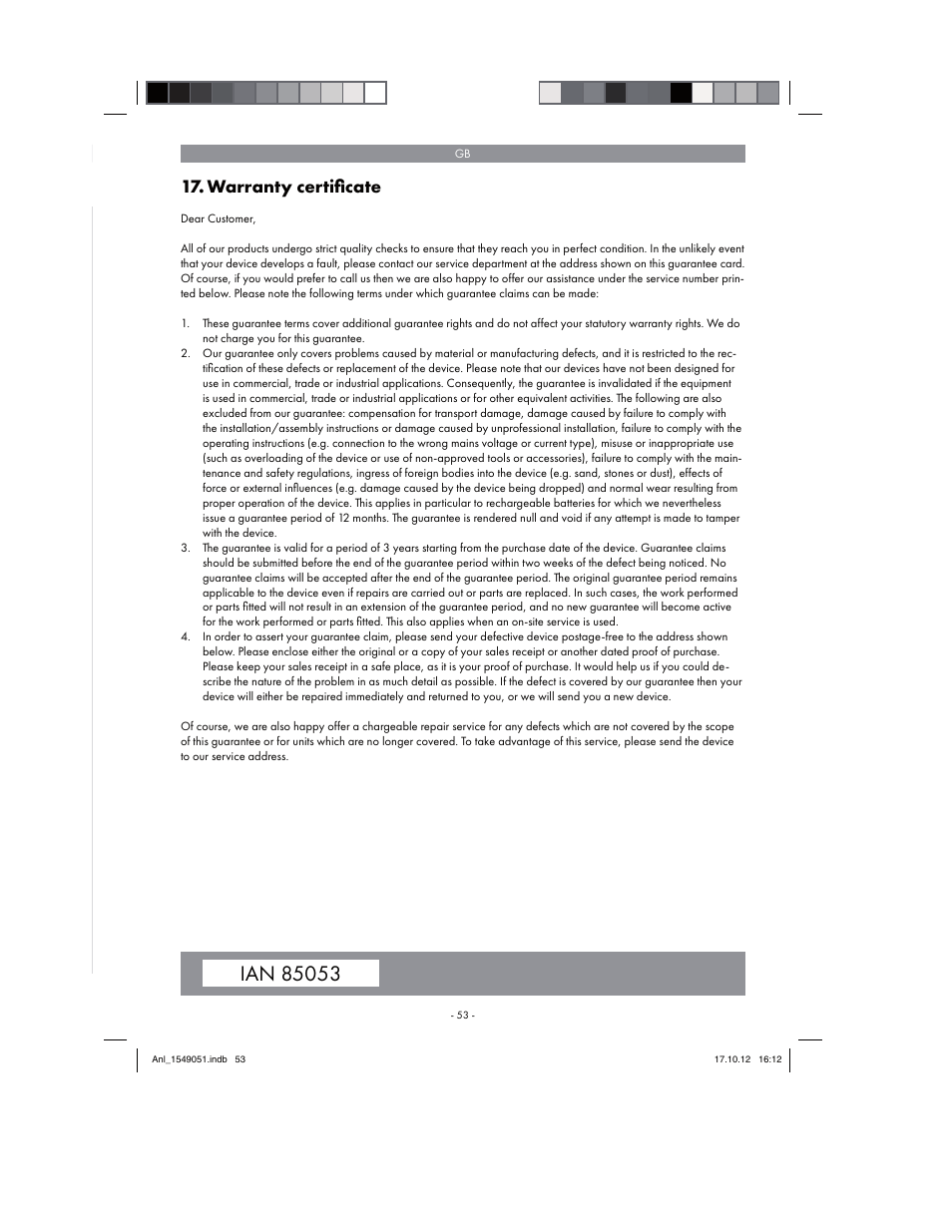 Warranty certiﬁ cate | Parkside PESG 120 A1 User Manual | Page 53 / 58