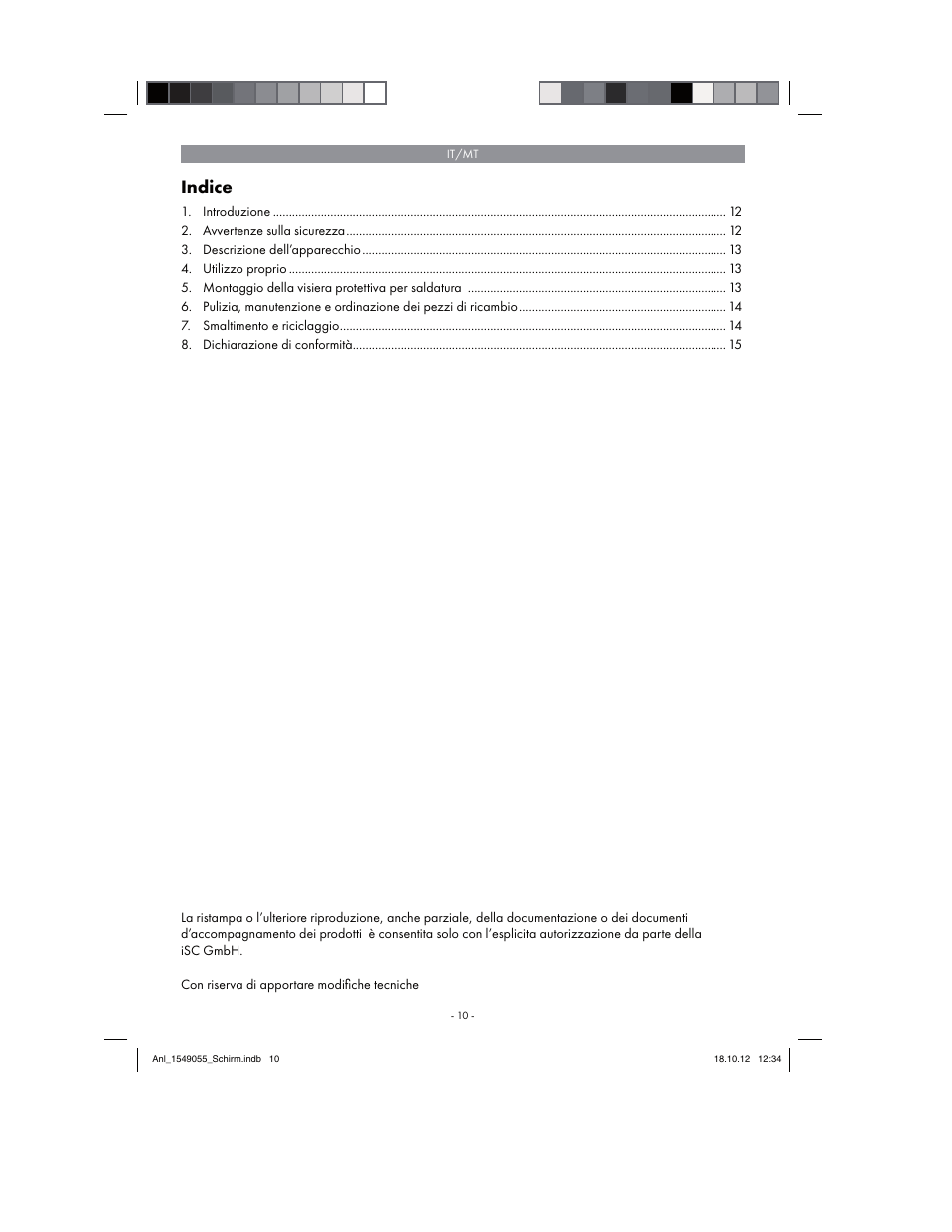Indice | Parkside Welding Screen User Manual | Page 10 / 36
