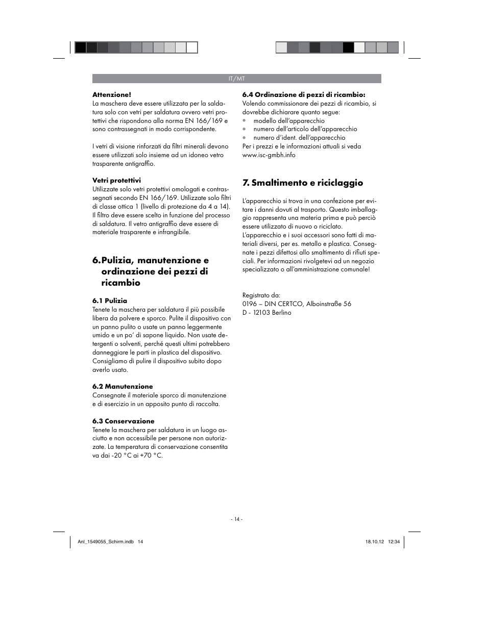 Smaltimento e riciclaggio | Parkside Welding Screen User Manual | Page 14 / 36