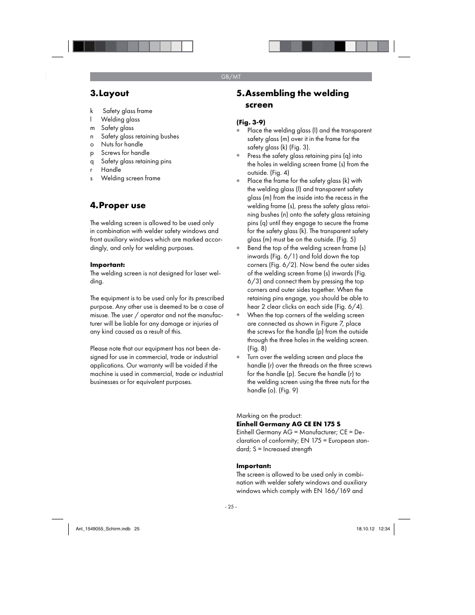 Layout, Proper use, Assembling the welding screen | Parkside Welding Screen User Manual | Page 25 / 36