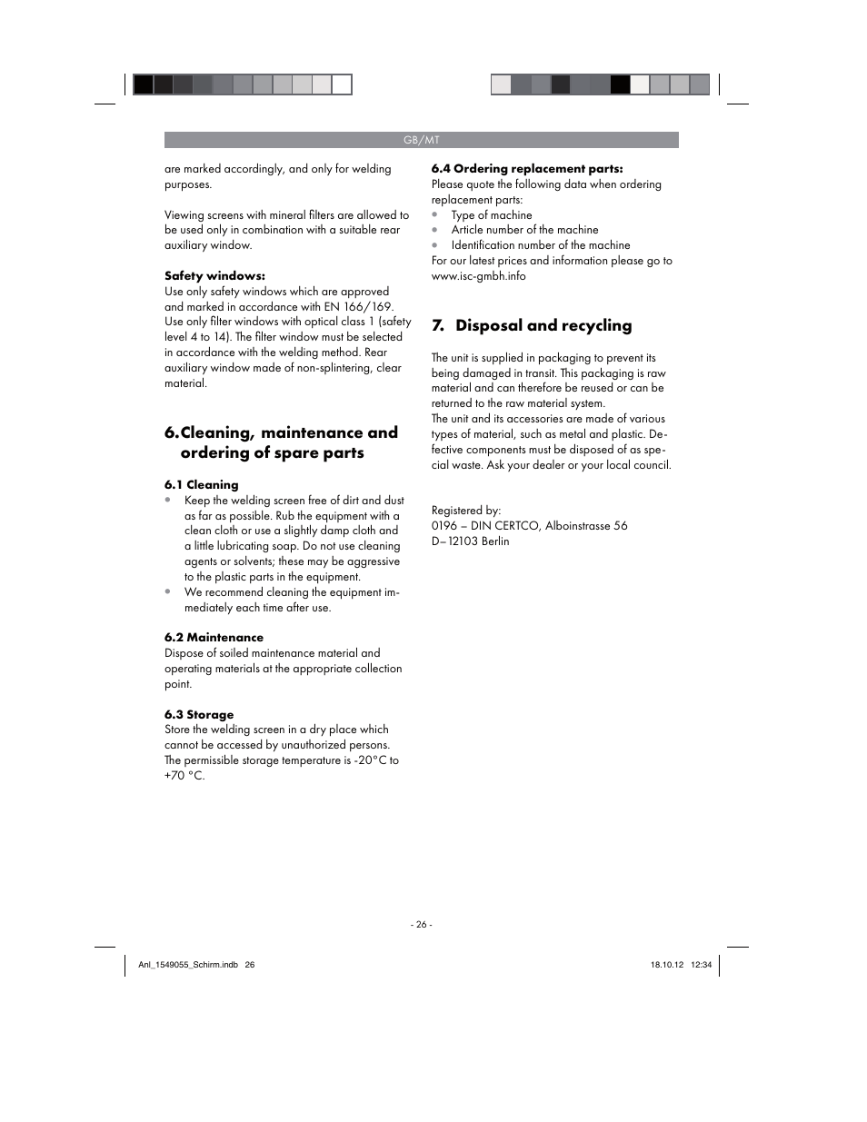 Cleaning, maintenance and ordering of spare parts, Disposal and recycling | Parkside Welding Screen User Manual | Page 26 / 36