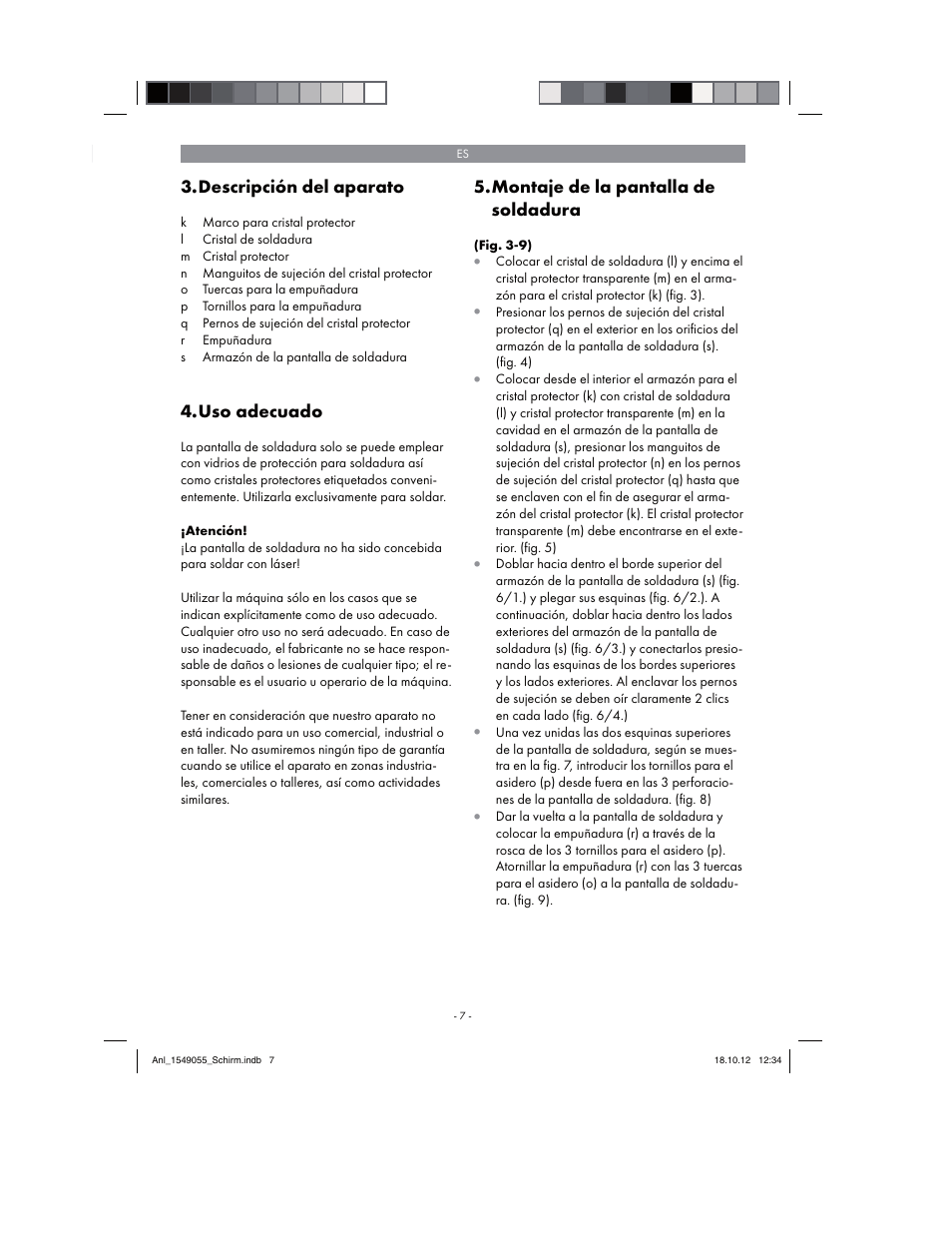 Descripción del aparato, Uso adecuado, Montaje de la pantalla de soldadura | Parkside Welding Screen User Manual | Page 7 / 36