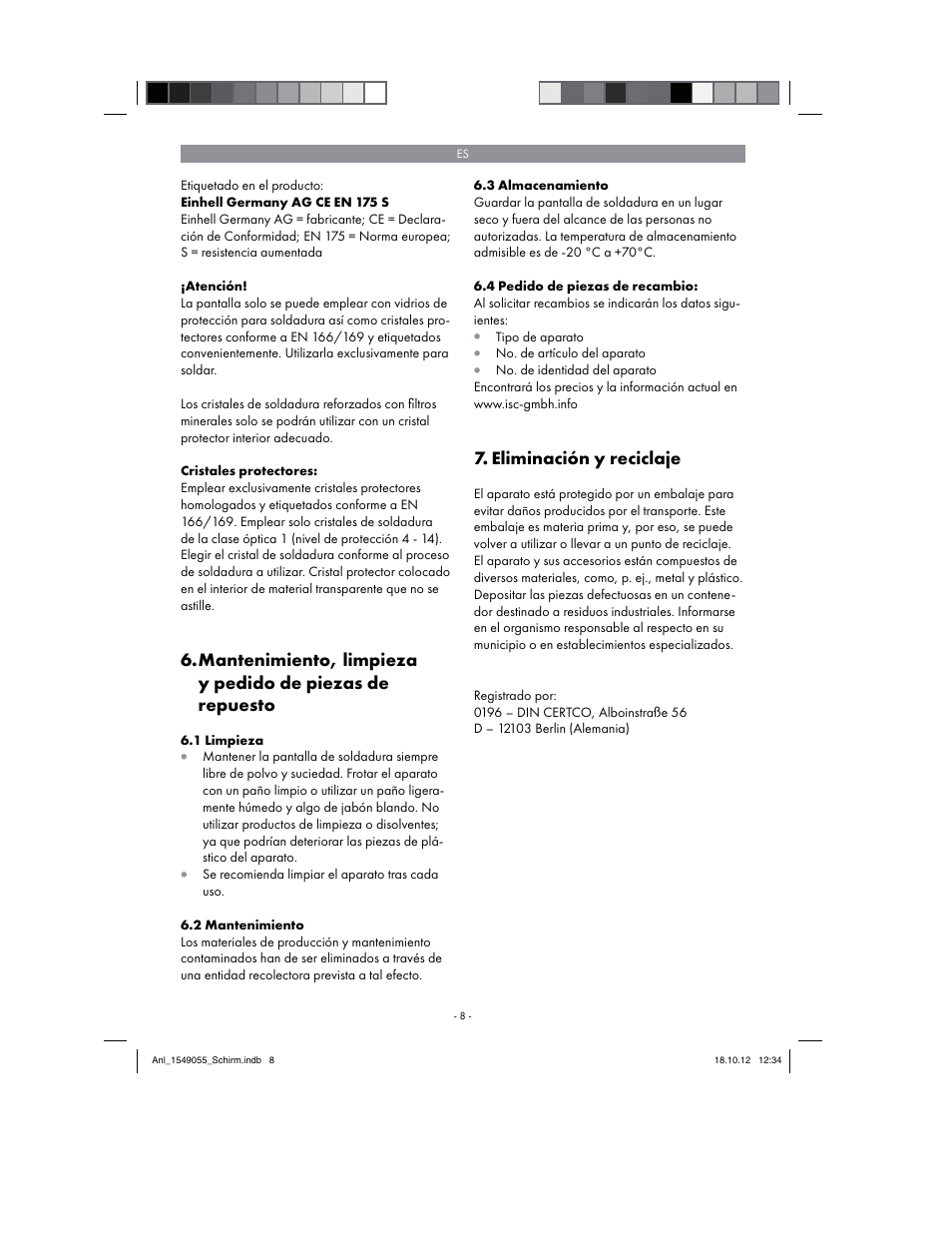 Eliminación y reciclaje | Parkside Welding Screen User Manual | Page 8 / 36