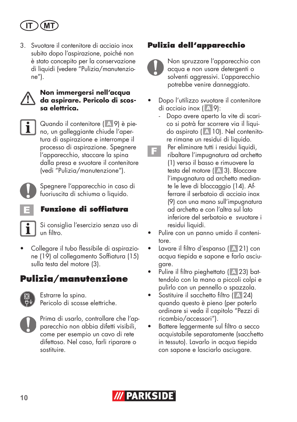 Pulizia/manutenzione, It mt | Parkside PNTS 1400 D1 User Manual | Page 10 / 56